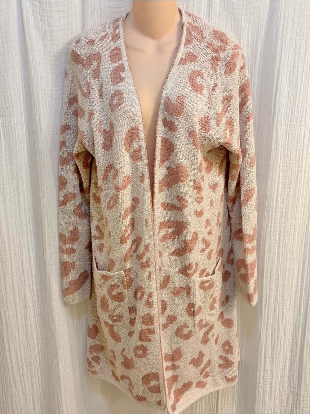 Fortune + Ivy Women's Open Front Leopard Cardigan Sweater Pockets Beige Pink M